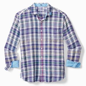 Tommy Bahama Sea Isle Linen Shirt Blue Check Size XL